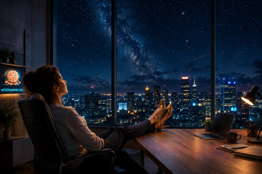 A woman in an office rests her mind by gazing at the sky, with her feet propped up on the desk. An image focused on positive thinking.articlecorner.com