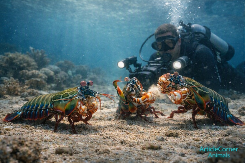 Three colorful mantis shrimps on a sandy tropical seabed—two engaged in a striking display while one walks calmly nearby, filmed by a scuba diver with an underwater camera, ArticleCorner Animals.