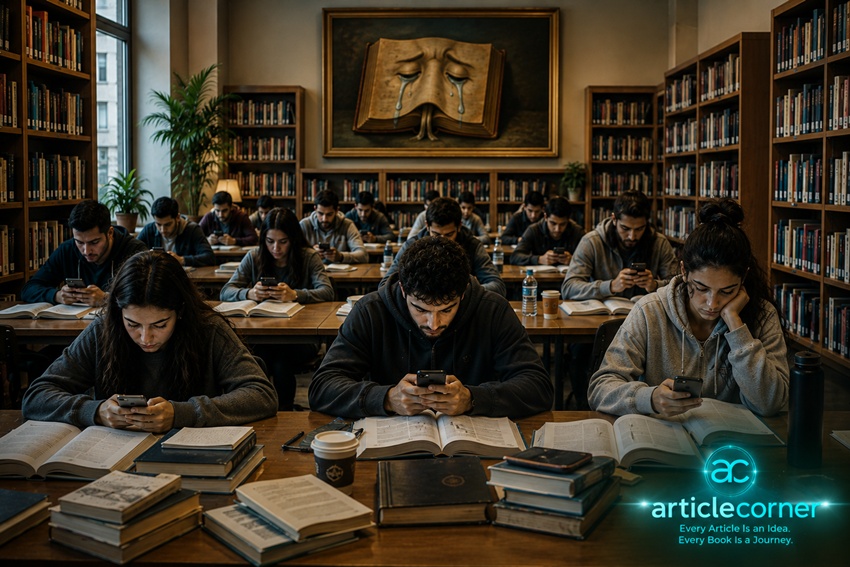 University students in a library surrounded by books while looking at their smartphones, with a painting of a crying book symbolizing the decline of reading and the glowing ArticleCorner logo.