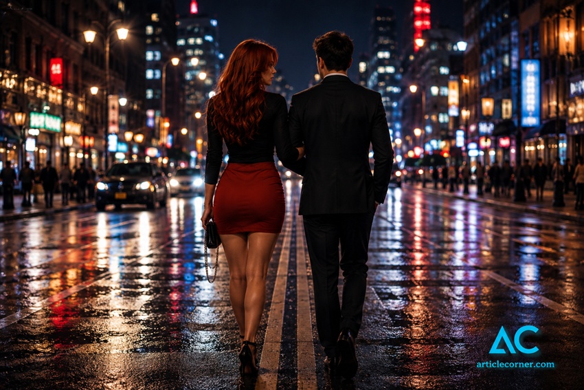 An attractive woman and man are walking in the night setting.articlecorner life story