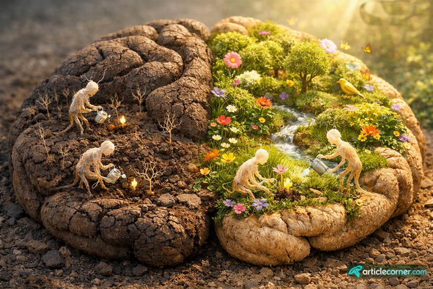 Cinematic 3D brain garden illustration symbolizing mental renewal and growth-articlecorner.com