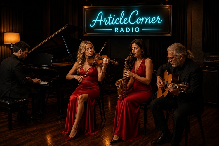 Elegant music studio with grand piano, violin, saxophone, and acoustic guitar under warm lighting — ArticleCorner Radio-Relaxing music