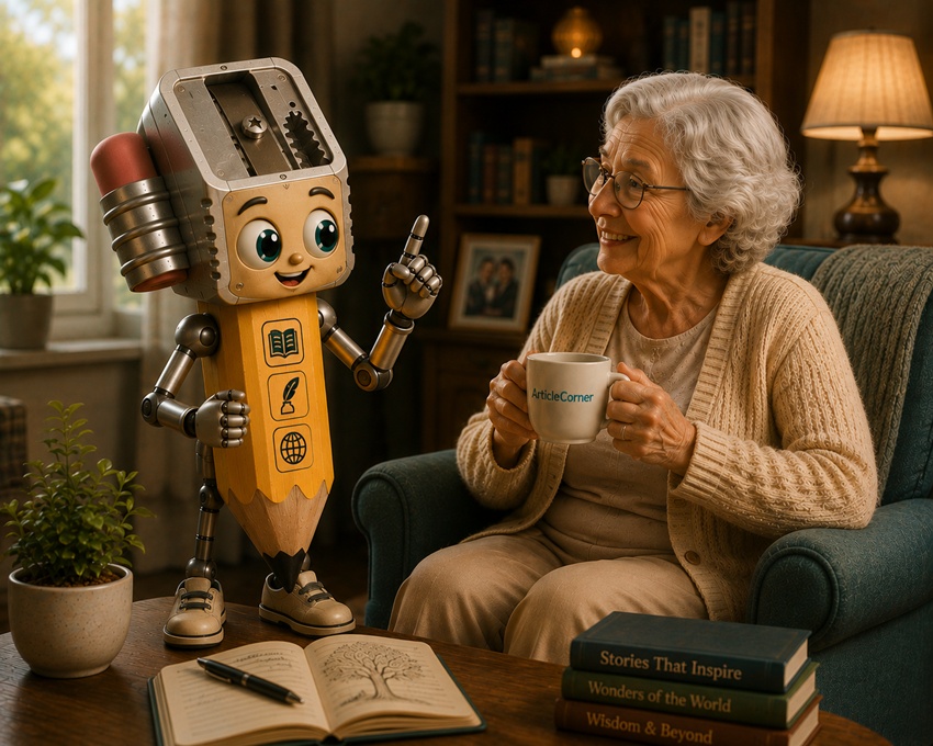 Robot Zipo, the fictional elderly care robot created by ArticleCorner, shares a warm conversation with an older woman while imagining the future of AI, caregiving, companionship, and human centered technology.