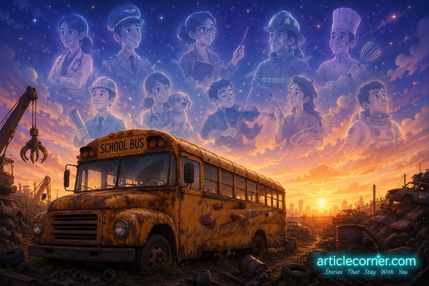 Forgotten rusty school bus in a scrapyard remembering the children it once carried, while silhouettes of their future professions appear in the sky, illustrated for ArticleCorner.