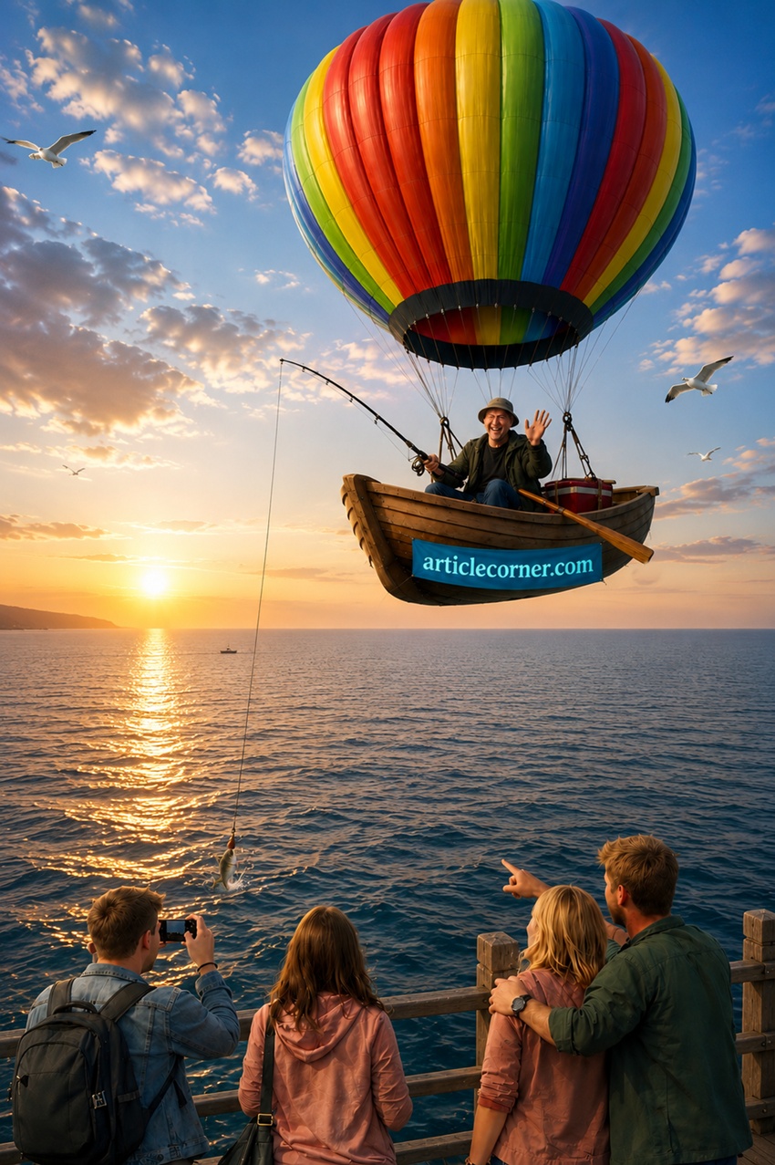 Colorful hot air balloon carrying a wooden fishing boat flying above the sea while a fisherman casts his line into the ocean below as people watch from the shore and the glowing ArticleCorner.com banner celebrates imagination, creativity, adventure, and the joy of building a meaningful life through simple ideas.