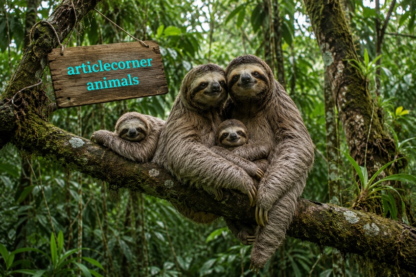 A family of sloths is in a tree in the tropical forest. There is an 