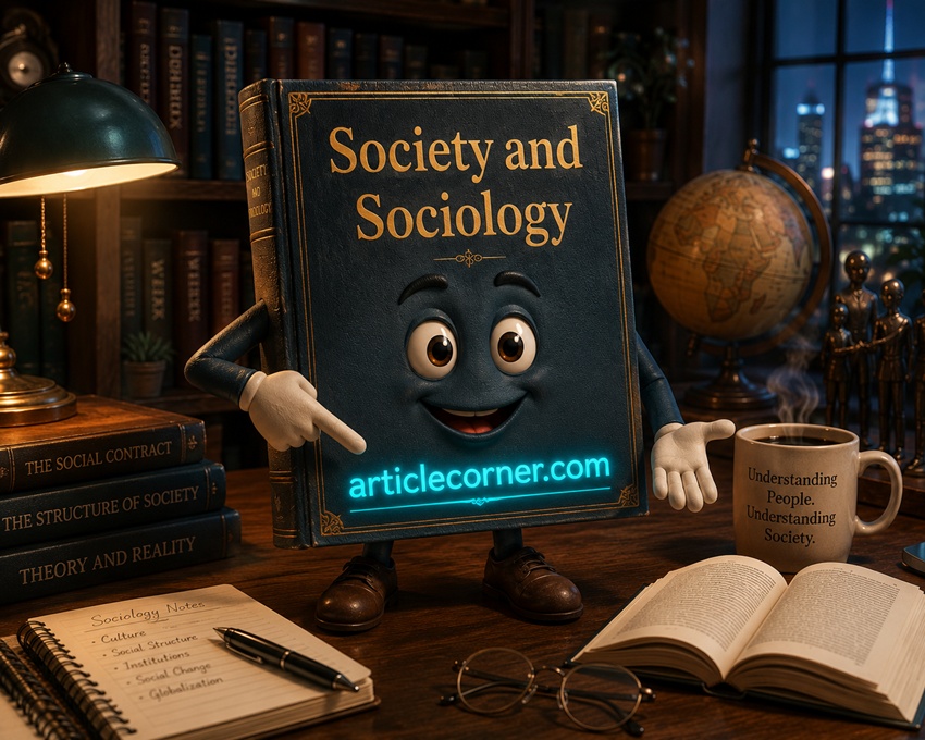 Society and Sociology book character pointing to ArticleCorner.com in a realistic 3D library illustrating sociology, society, education, and modern social life