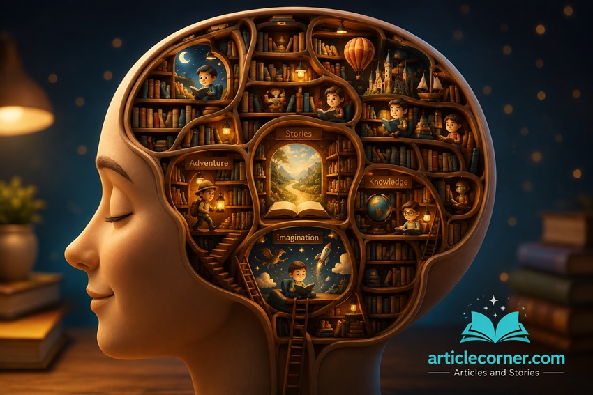 Magical library inside the human mind filled with story books and imagination, representing why we need stories on ArticleCorner