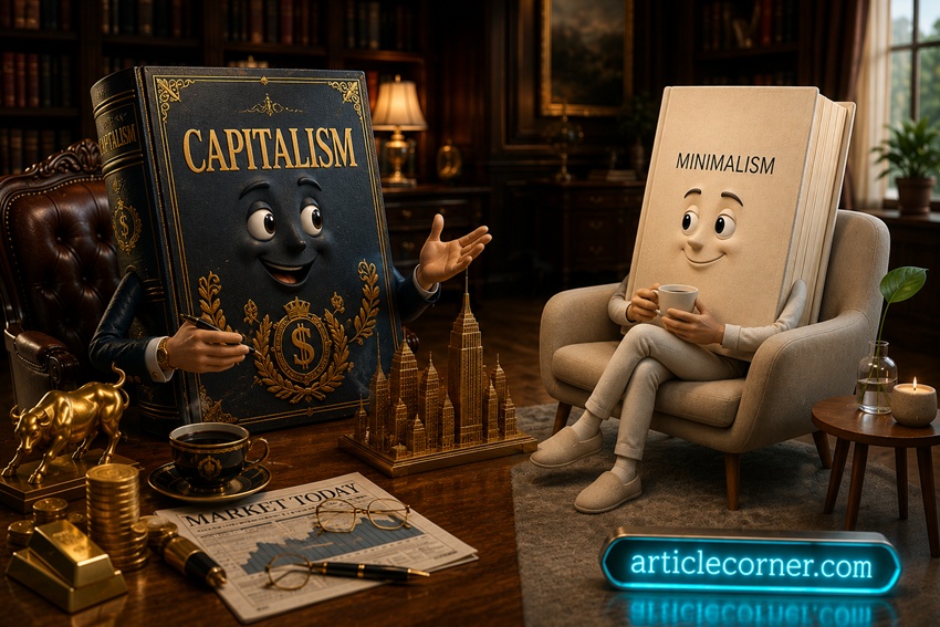 Capitalism and Minimalism books having a thoughtful conversation in a library about wealth, simplicity and different philosophies | ArticleCorner.com