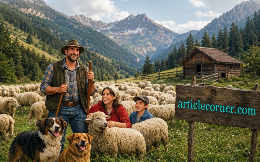 Happy shepherd living peacefully in nature with sheep, mountains, and family beside a turquoise ArticleCorner.com sign, illustrating the true meaning of success and happiness.