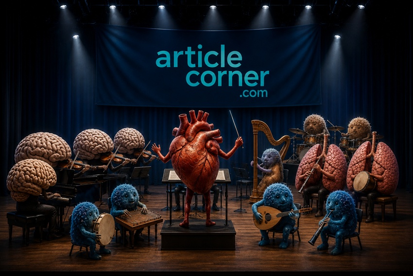 ArticleCorner.com The Symphony Within stage featuring a realistic human heart conducting an orchestra of the brain, lungs, and body cells beneath a navy banner with the turquoise ArticleCorner.com logo, symbolizing harmony between science, health, and the human body.