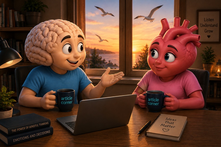 Brain and Heart discussing artificial intelligence over coffee at a wooden desk in an ArticleCorner animated illustration featuring a laptop, seagulls, and a sunset window view