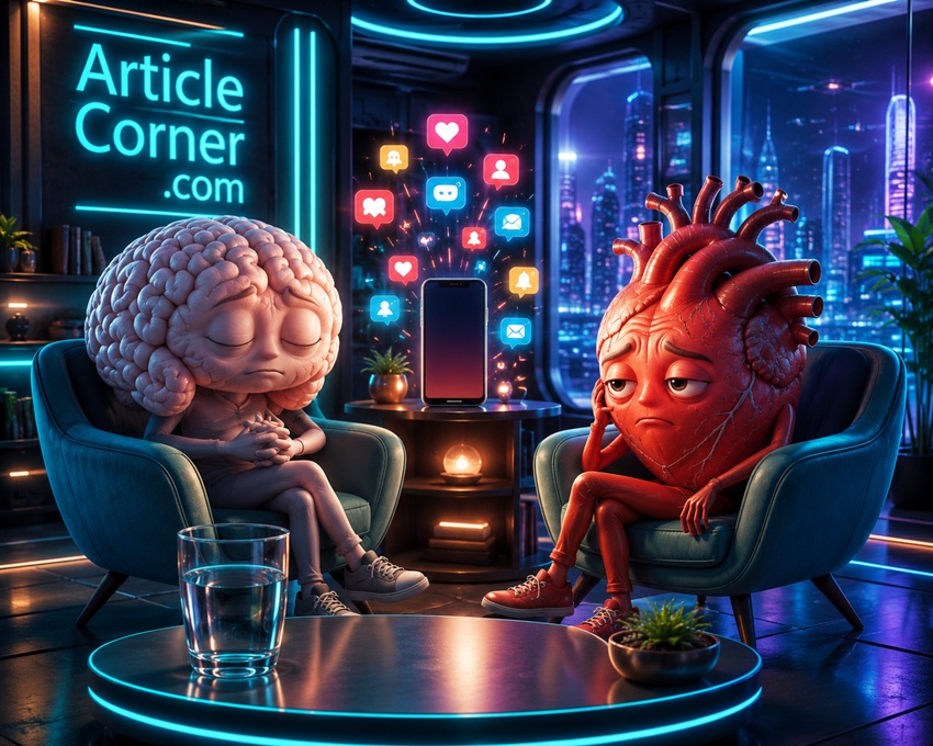 Brain and Heart sitting in a futuristic room beside a smartphone with constant notifications, symbolizing phone addiction, endless scrolling, digital wellbeing, mental health, and attention in an ArticleCorner.com illustration.