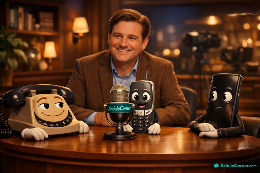 A warm 3D animated television talk show scene featuring a smiling host behind a wooden desk and three anthropomorphic phones—a vintage landline, a keypad mobile, and a modern smartphone—chatting around an ArticleCorner turquoise microphone in a cozy studio with nostalgic lighting and bookshelves.