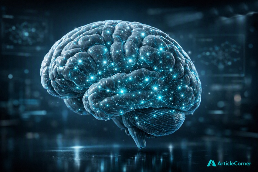 Realistic 3D human brain glowing with turquoise neural connections in a dark scientific environment, ArticleCorner educational visualization. articlecorner.com