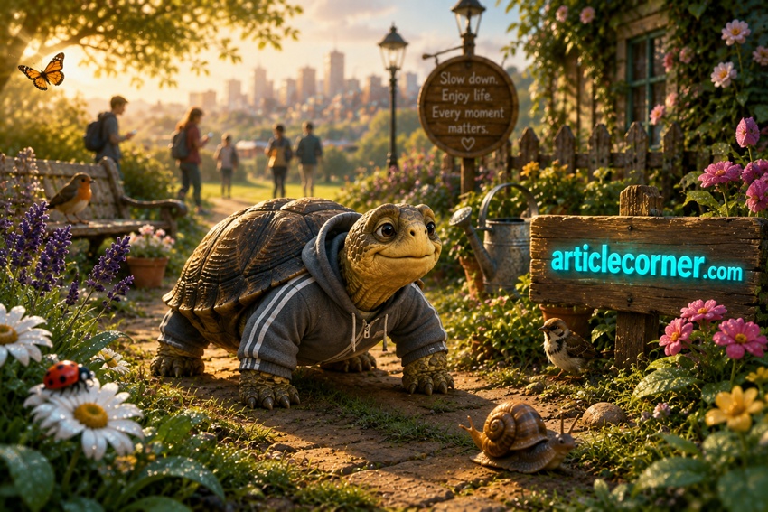 Animated land tortoise Tosbi walking peacefully through a beautiful garden with the glowing turquoise ArticleCorner.com logo.