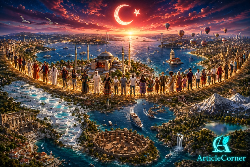 inematic 3D illustration of Türkiye connecting Europe and Asia with a human bridge formed by people of diverse cultures. Hagia Sophia stands at the center beside the Bosphorus, surrounded by iconic Turkish landmarks under a glowing crescent and star sky. Created for ArticleCorner.