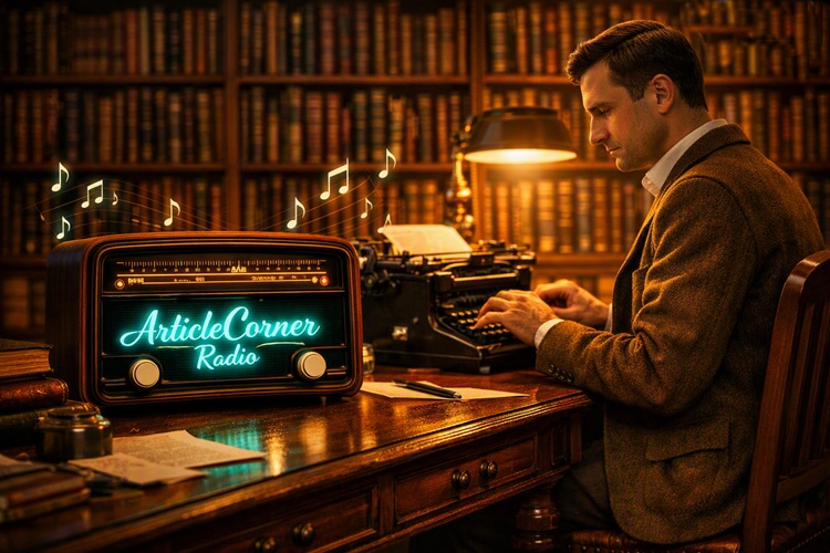 The man typing on the typewriter at the desk is listening to ArticleCorner radio-Turkish Instrumental Music — ArticleCorner Radio - articlecorner.com
