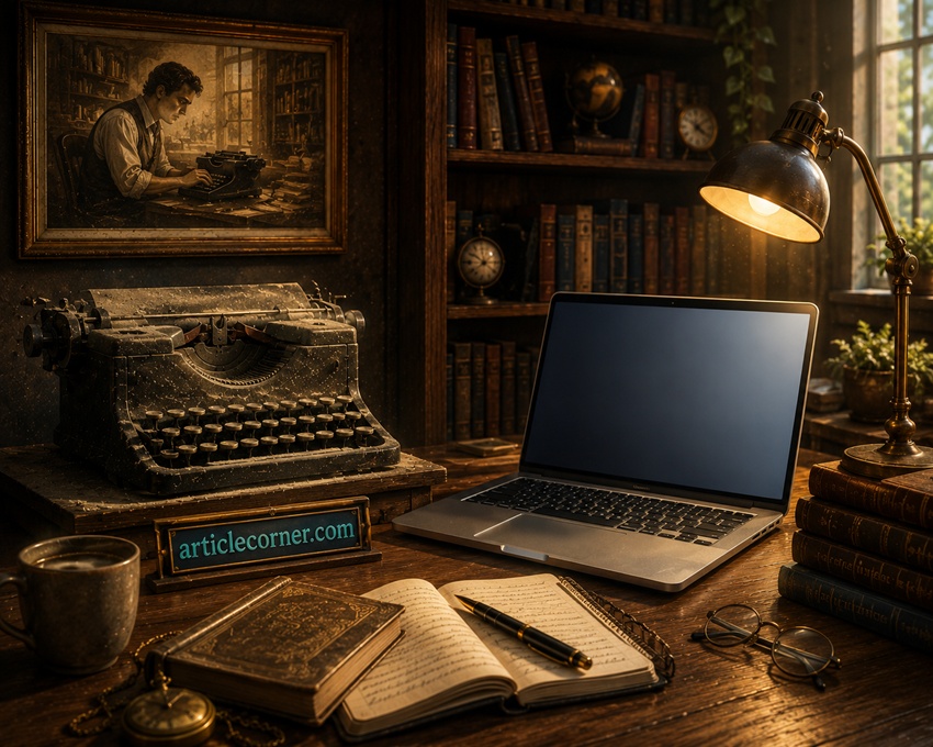 Dusty vintage typewriter beside a modern laptop in a cozy library study representing the evolution of writing and creativity | ArticleCorner.com
