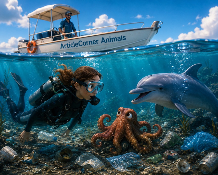 Sibel from the ArticleCorner Animals team underwater with an octopus and dolphin, exploring ocean pollution and marine life-articlecorner.com
