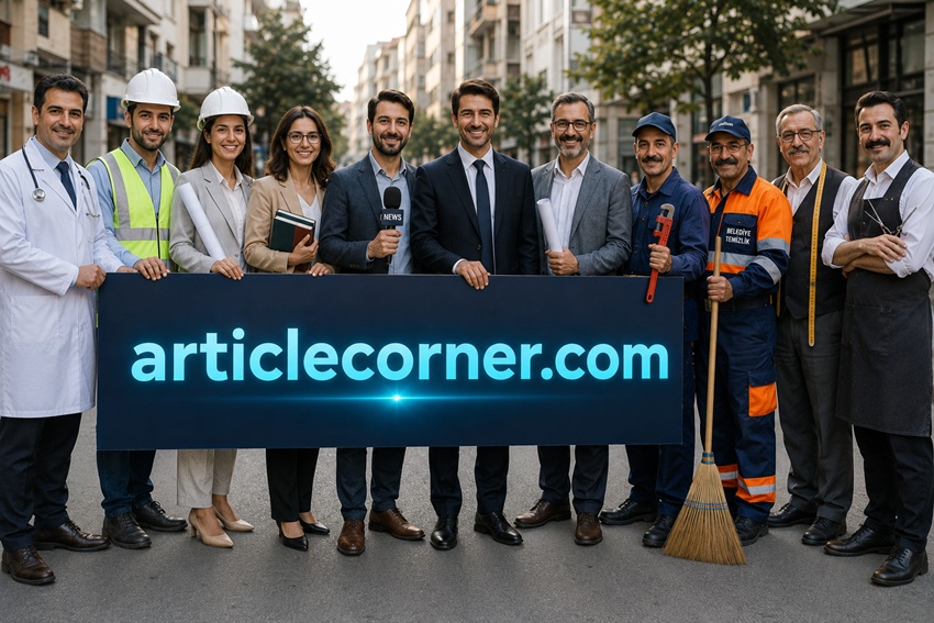 A diverse group of professionals holding the ArticleCorner.com logo representing education, skilled trades, entrepreneurship, and the value of every profession.