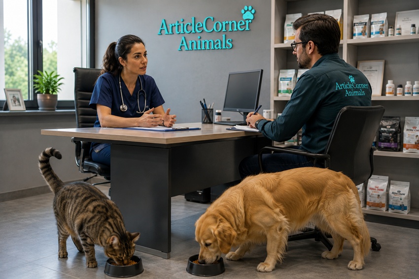 A female veterinarian and a man are talking in a veterinary clinic. There is an 