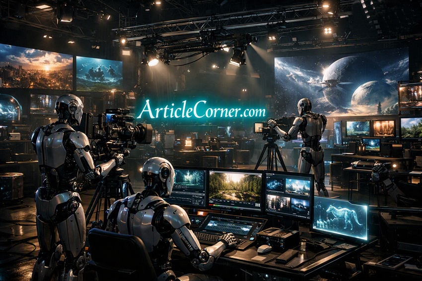 Futuristic AI film studio with humanoid robots working on cinematic production, glowing turquoise ArticleCorner.com logo.