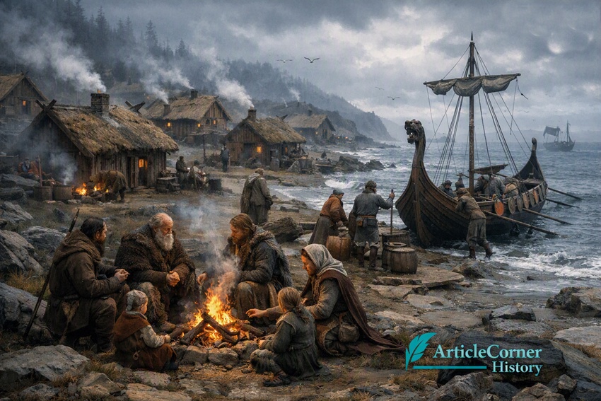 Viking longship with dragon head sailing on northern sea, ArticleCorner History branding