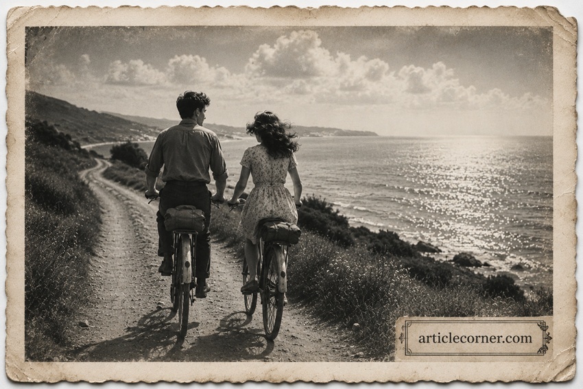 Vintage black and white photograph of a young couple riding bicycles along a seaside path, featured in Forgotten Photographs Speak: An Author's Reflection by ArticleCorner.