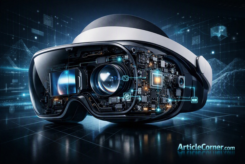 Ultra realistic 3D exploded view of a modern virtual reality headset showing internal components such as dual display panels, lenses, circuit boards, sensors, and processors, surrounded by a futuristic holographic environment with turquoise ArticleCorner.com logo