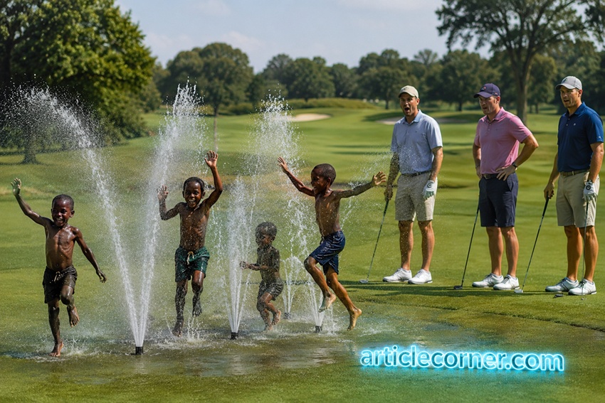 African children play with water while the golf course is being irrigated; the golfers look on in astonishment. An image from an ArticleCorner article about the value of water.