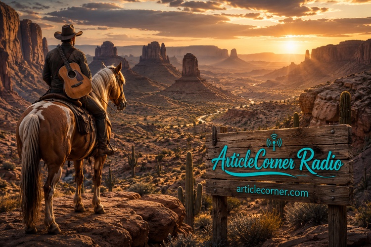 A cowboy is on horseback in a valley with a guitar on his back,western music,western radio,articlecorner radio,articlecorner.com