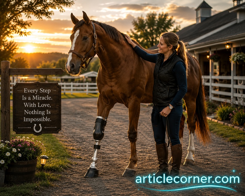 A horse with a prosthetic leg and its owner-articlecorner.com