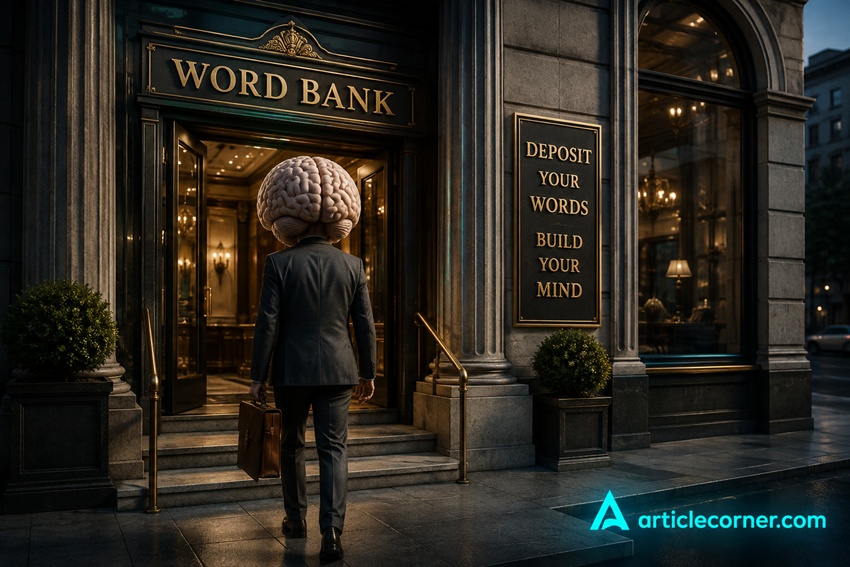 Realistic businessman with a brain head carrying a leather briefcase entering the Word Bank symbolizing the subconscious mind storing positive words and self talk-ArticleCorner fiction