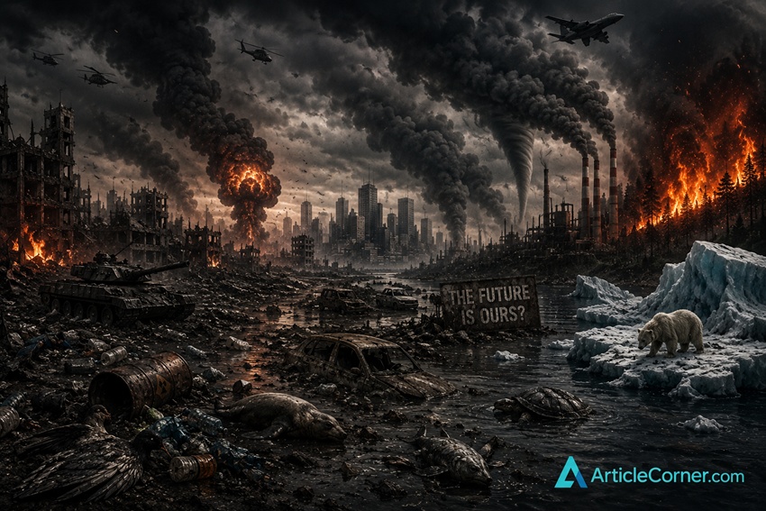A realistic vision of a world devastated by war, pollution, wildfires, melting polar ice, and climate change | ArticleCorner.com
