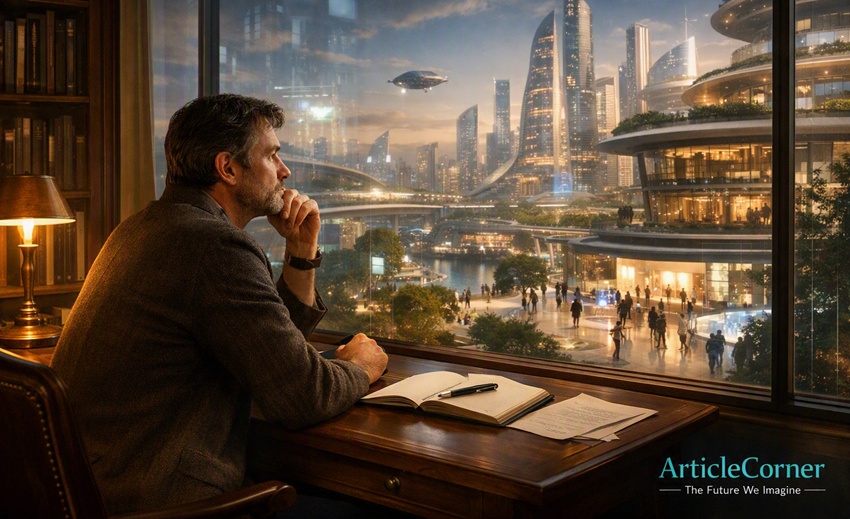 ArticleCorner City: A writer gazing through a window at a futuristic city at night, imagining the future-articlecorner.com