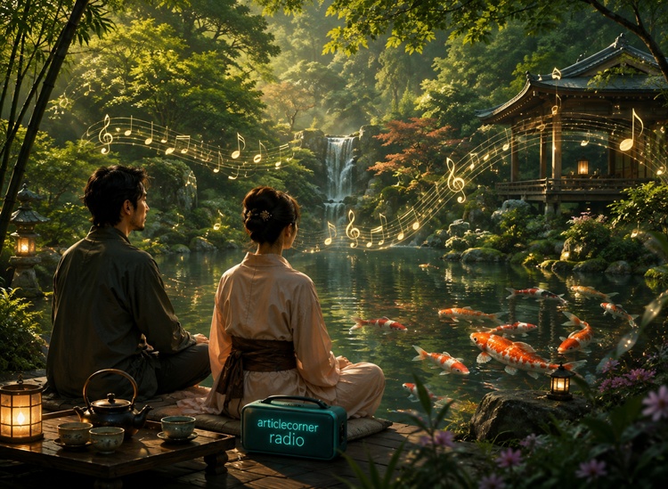 A man and a woman listening to Zen music from an ArticleCorner radio by a lake in Japan—ArticleCorner.com