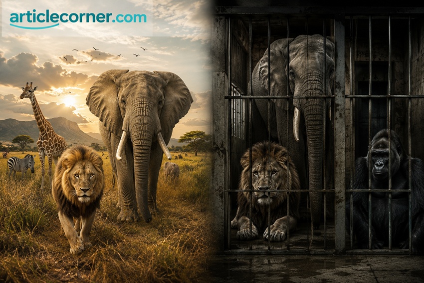 Wild animals in freedom contrasted with animals living in zoo captivity | ArticleCorner zoo article